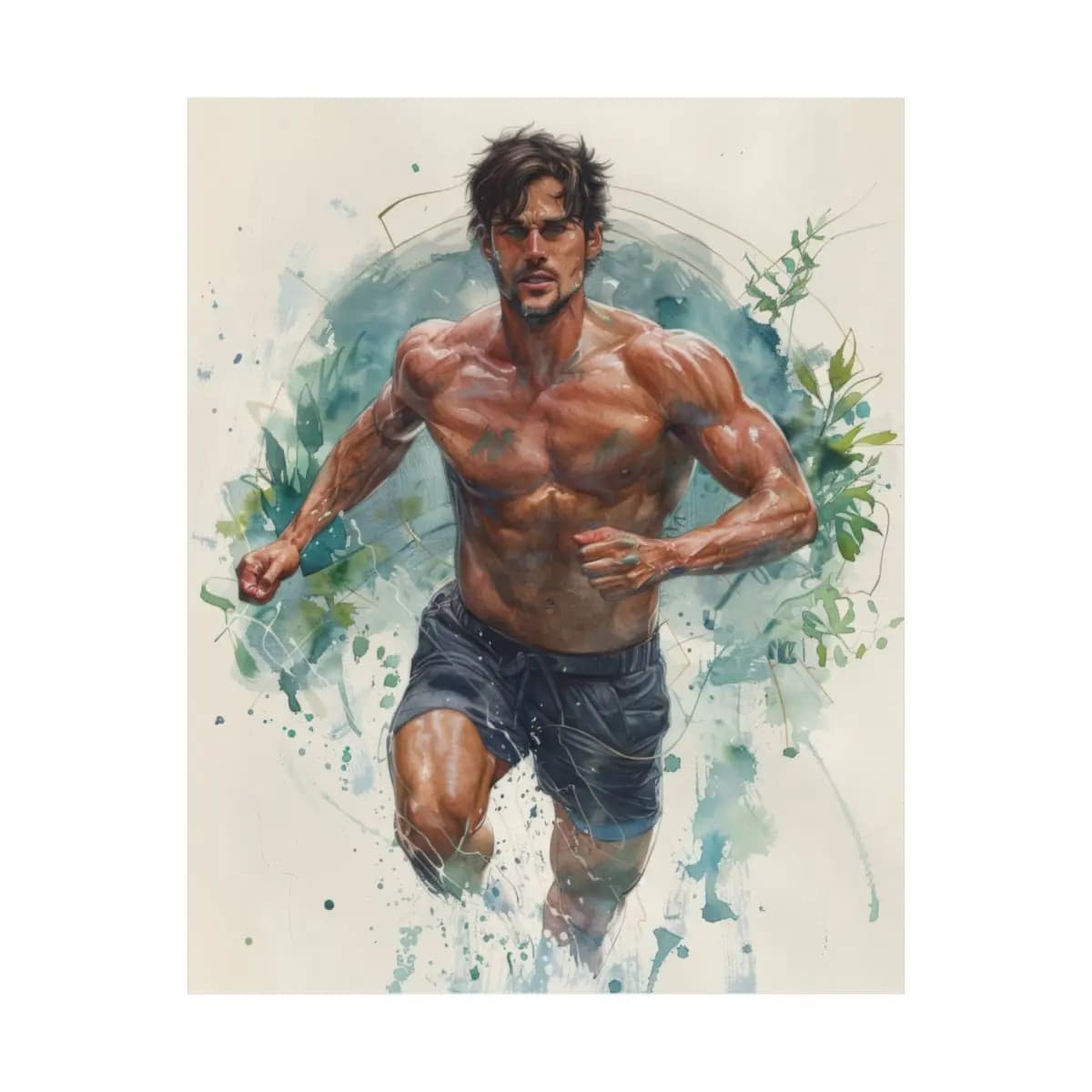 Athletic Runner Surging Forward in Watercolor - Matte Vertical Posters mockup angle 2