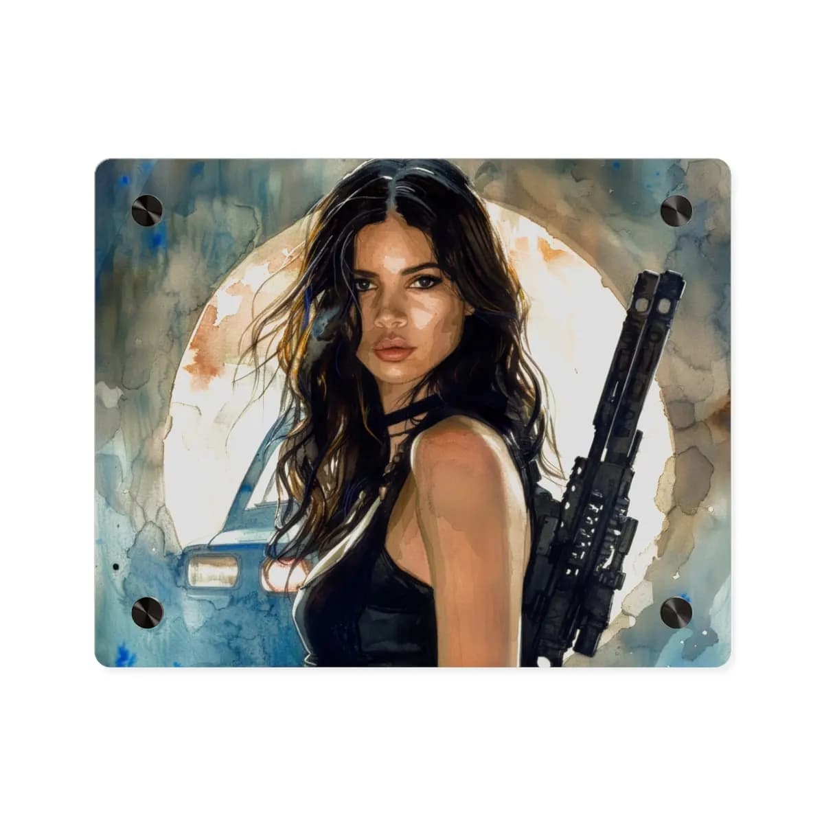 Moonlit Warrior Woman with Assault Rifle - Acrylic Wall Art Panels mockup angle 1