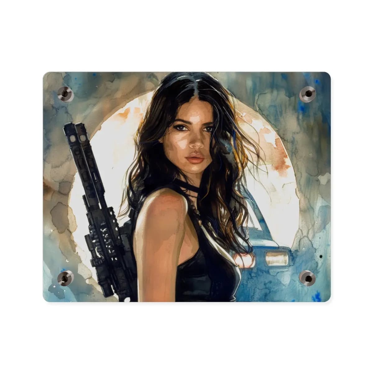 Moonlit Warrior Woman with Assault Rifle - Acrylic Wall Art Panels mockup angle 2