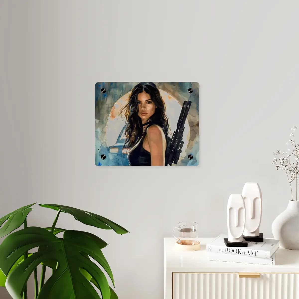 Moonlit Warrior Woman with Assault Rifle - Acrylic Wall Art Panels mockup angle 3