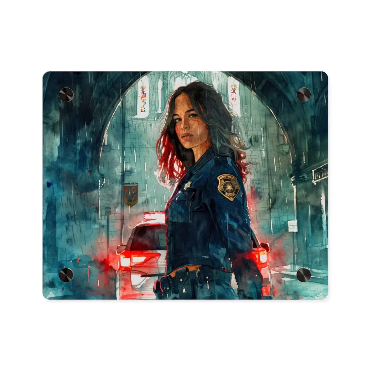 Police Officer in the Rain Before a Cathedral - Acrylic Wall Art Panels mockup angle 1