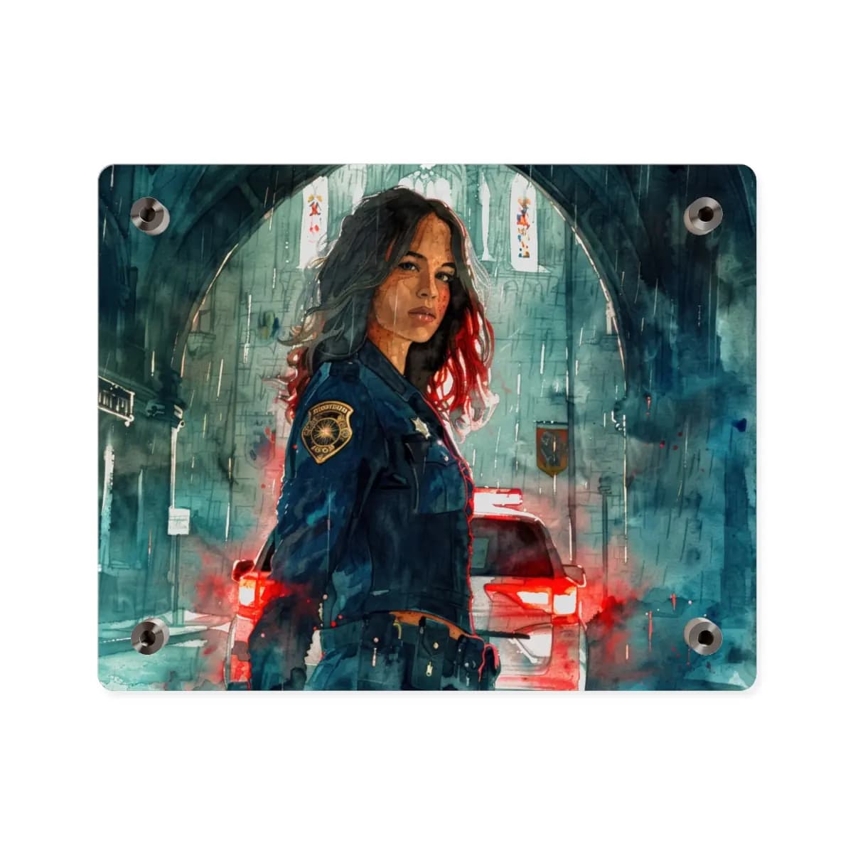 Police Officer in the Rain Before a Cathedral - Acrylic Wall Art Panels mockup angle 2