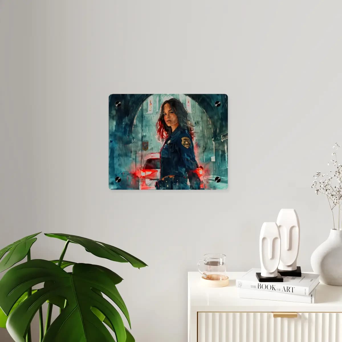 Police Officer in the Rain Before a Cathedral - Acrylic Wall Art Panels mockup angle 3