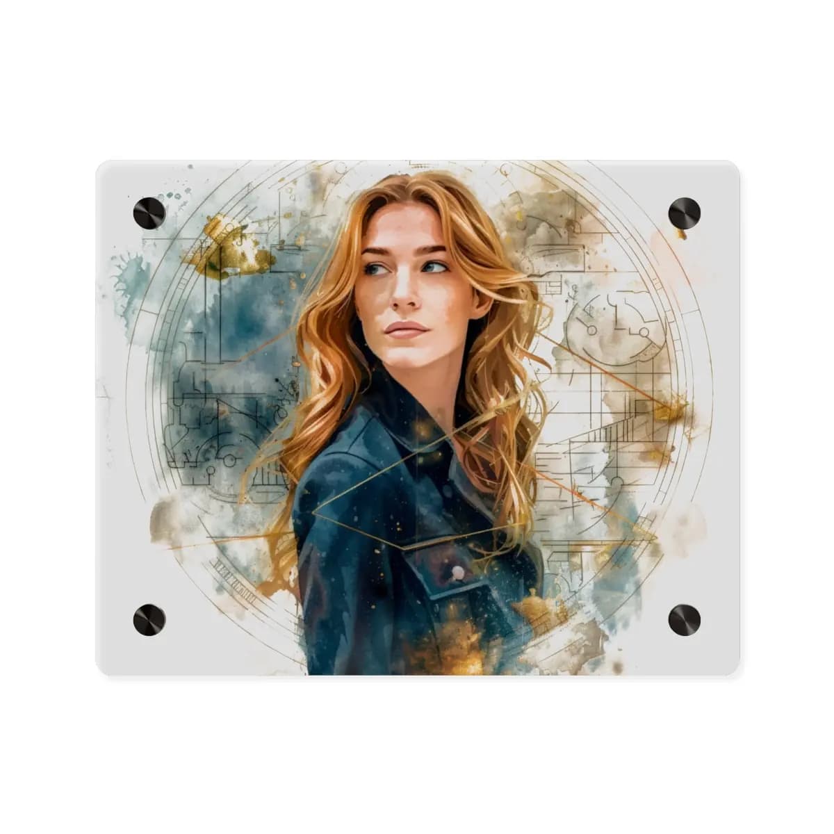 Golden Woman Among Diagrams of Time - Acrylic Wall Art Panels mockup angle 1