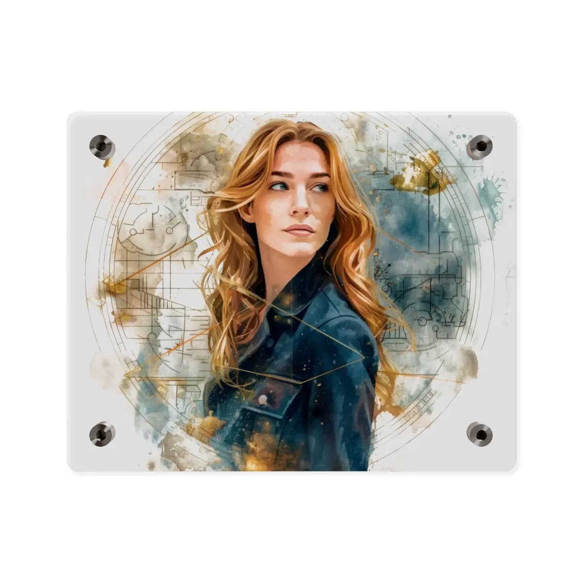 Golden Woman Among Diagrams of Time - Acrylic Wall Art Panels mockup angle 2