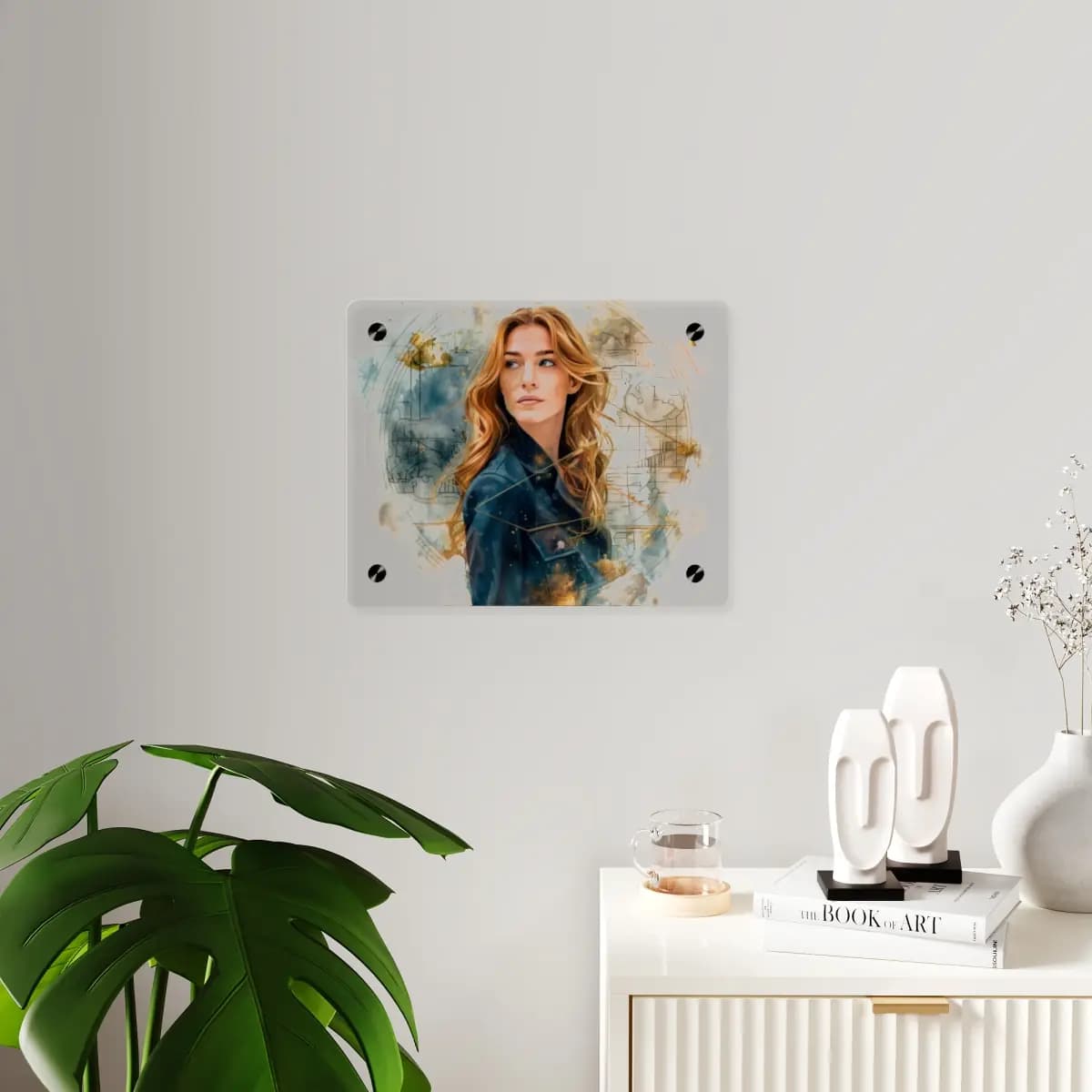 Golden Woman Among Diagrams of Time - Acrylic Wall Art Panels mockup angle 3
