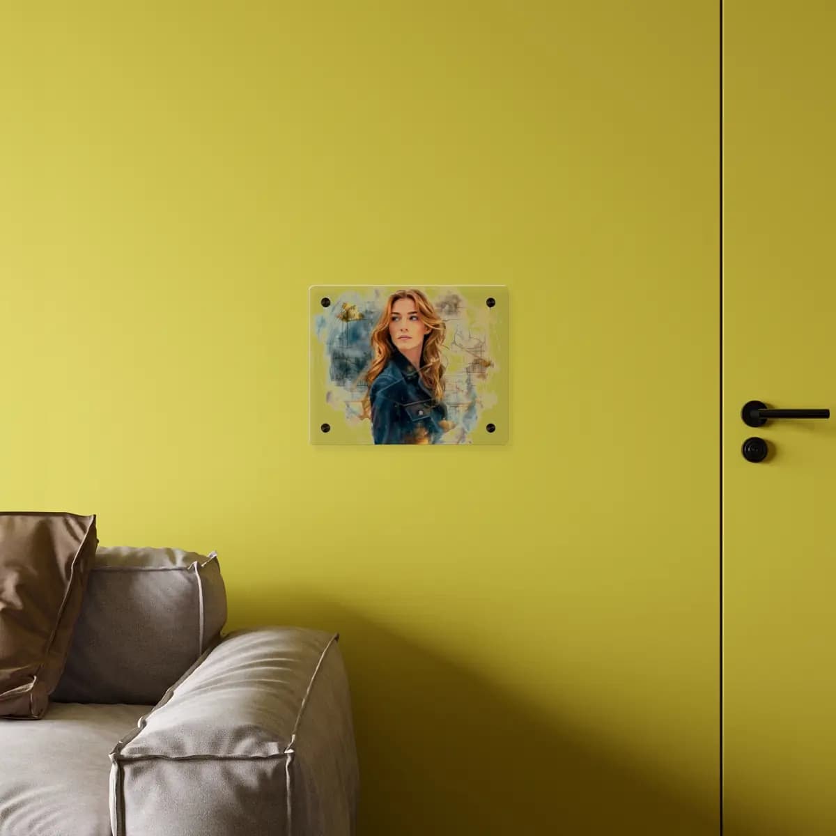 Golden Woman Among Diagrams of Time - Acrylic Wall Art Panels mockup angle 4