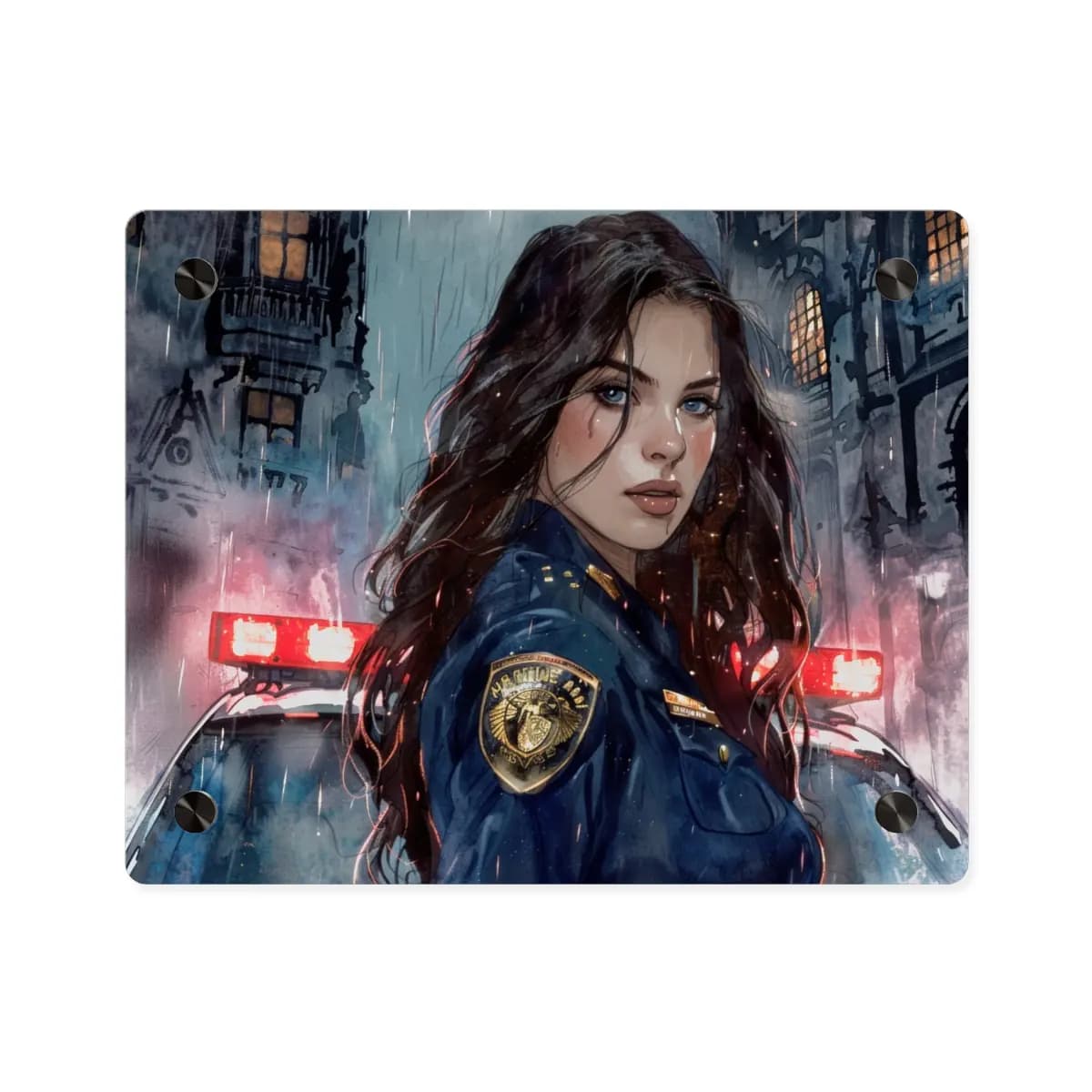 Officer in the Rain, Blood-Red Lights - Acrylic Wall Art Panels mockup angle 1