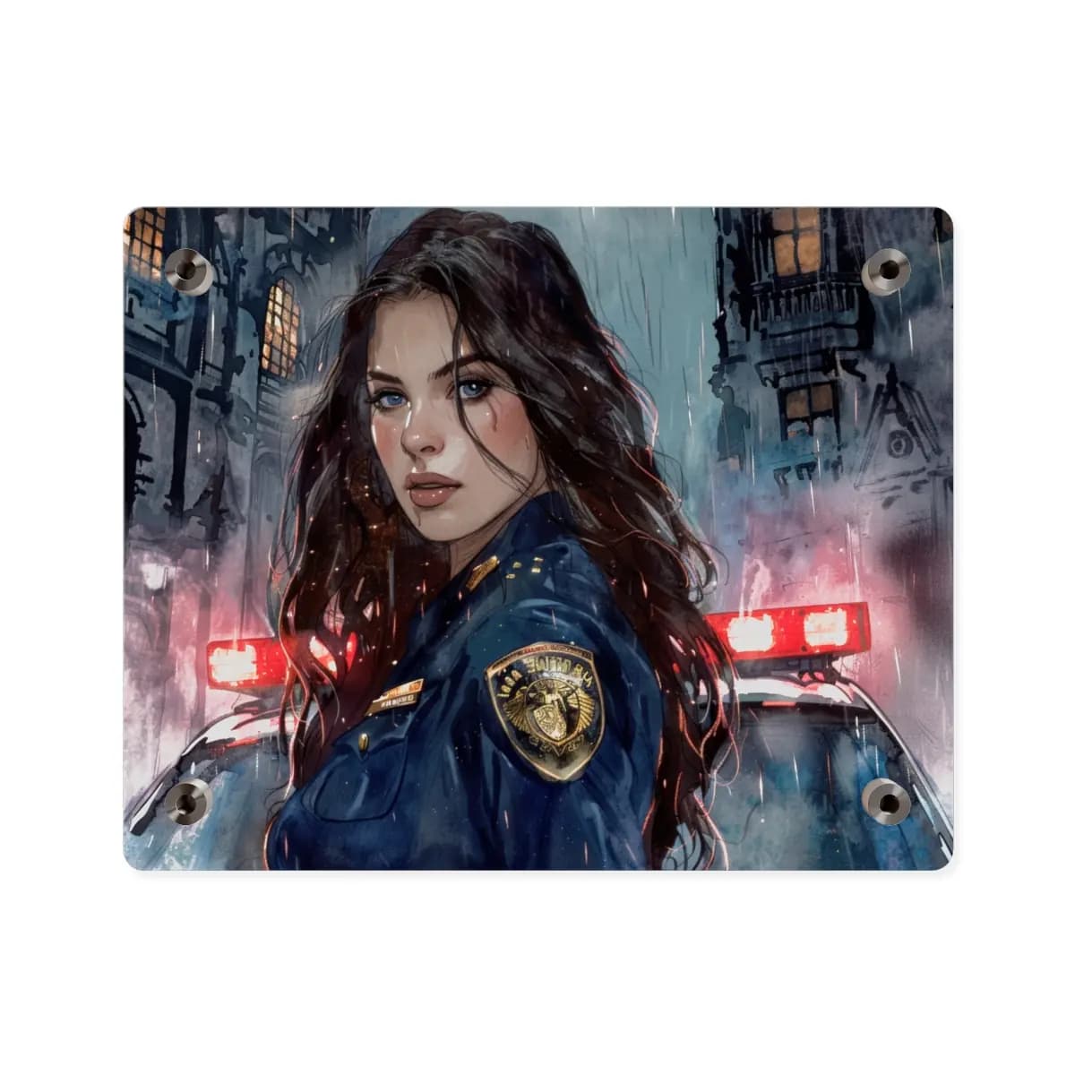 Officer in the Rain, Blood-Red Lights - Acrylic Wall Art Panels mockup angle 2
