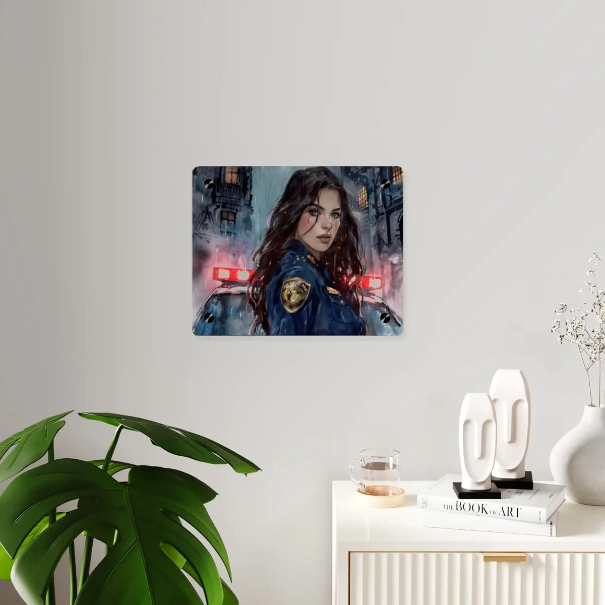 Officer in the Rain, Blood-Red Lights - Acrylic Wall Art Panels mockup angle 3