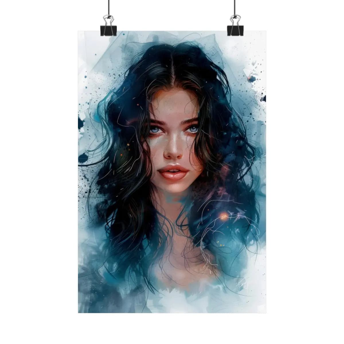 Enchanting Dark-Haired Portrait with Ink Splashes - Matte Vertical Posters mockup angle 1