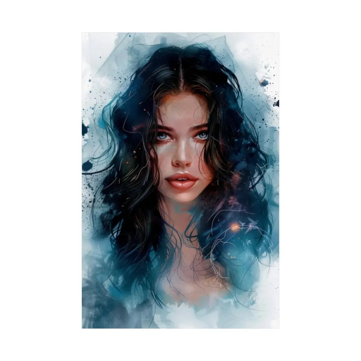 Enchanting Dark-Haired Portrait with Ink Splashes - Matte Vertical Posters mockup angle 2