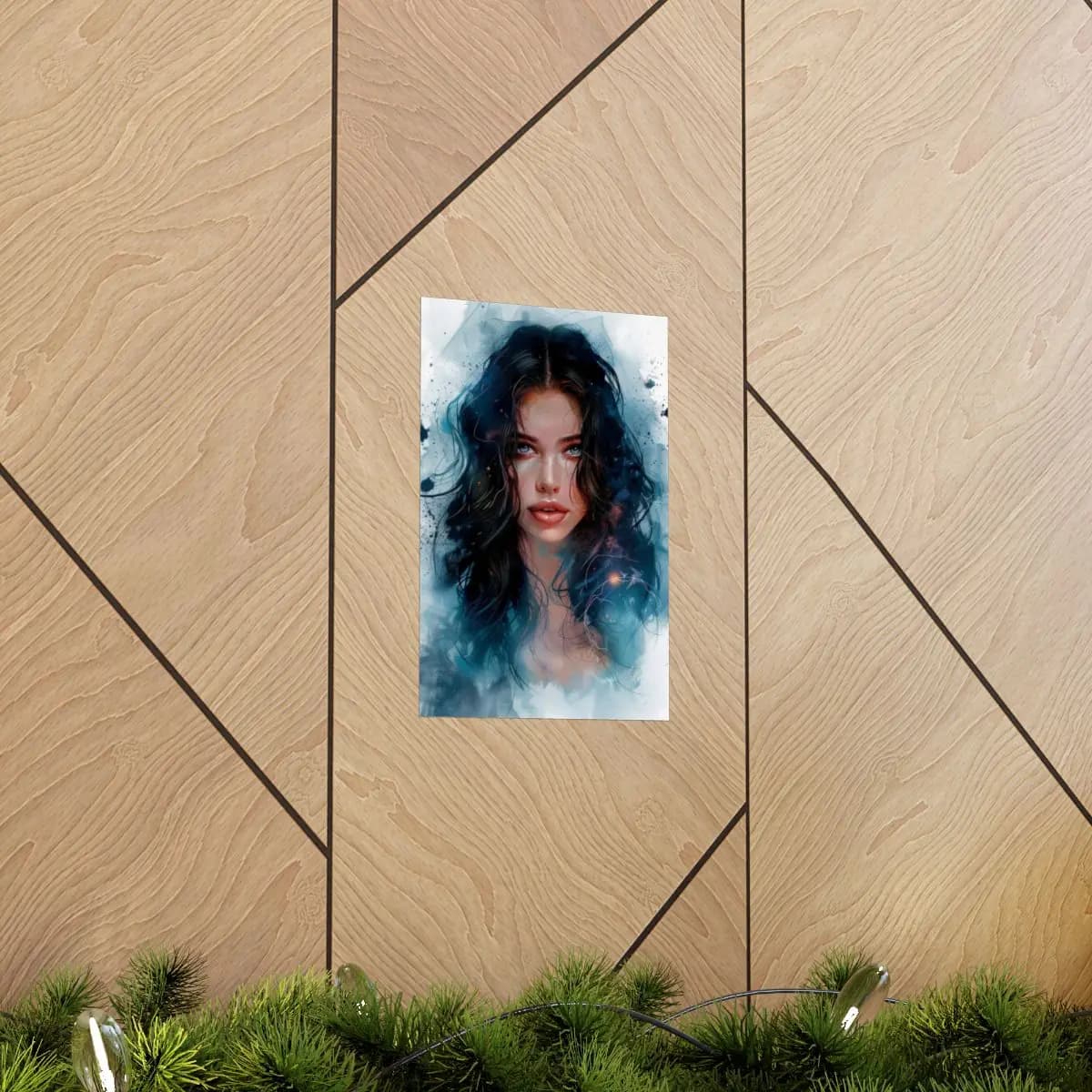 Enchanting Dark-Haired Portrait with Ink Splashes - Matte Vertical Posters mockup angle 5