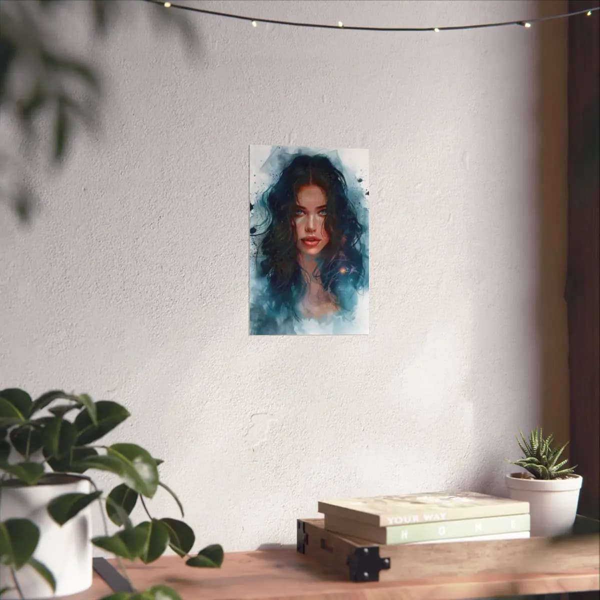 Enchanting Dark-Haired Portrait with Ink Splashes - Matte Vertical Posters mockup angle 6