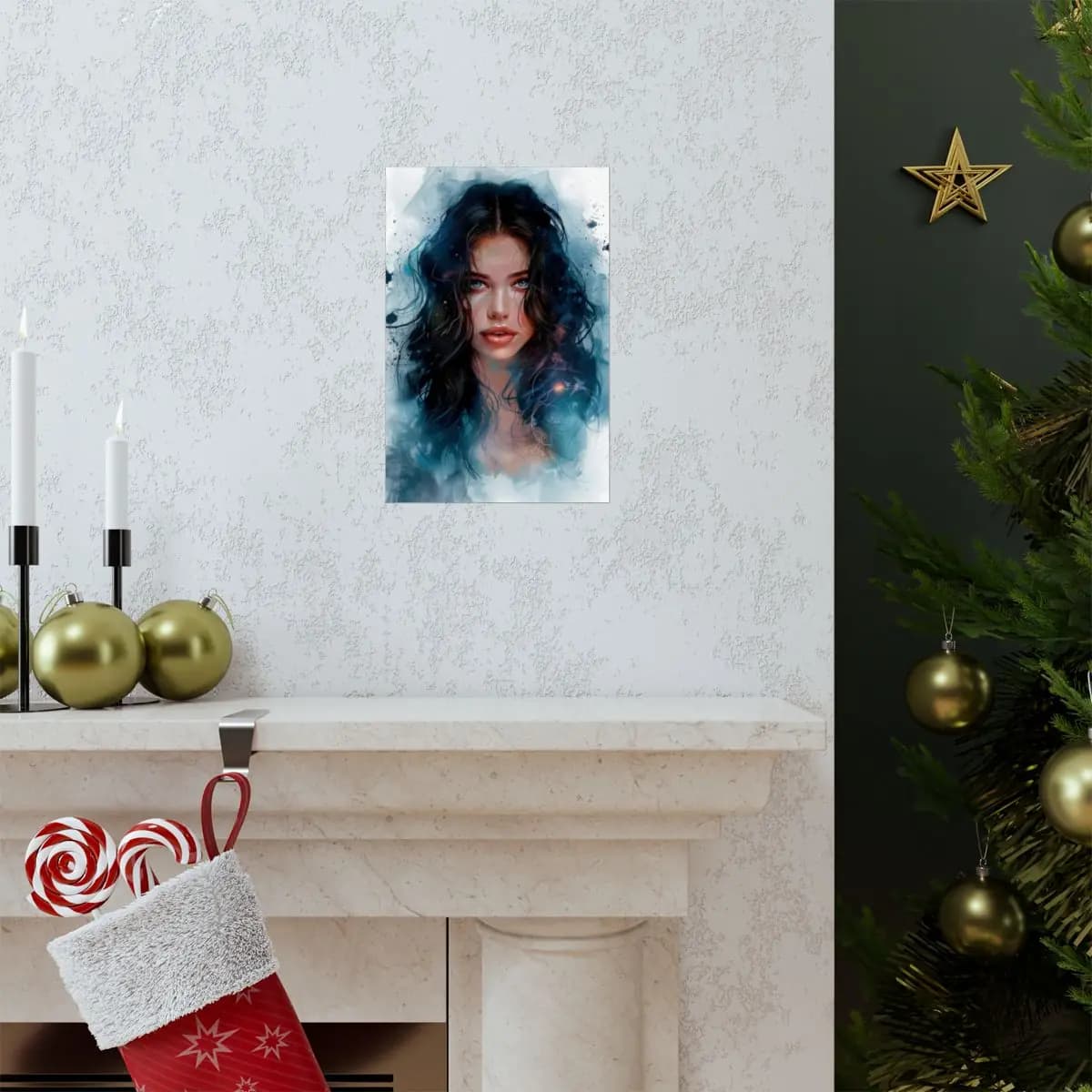 Enchanting Dark-Haired Portrait with Ink Splashes - Matte Vertical Posters mockup angle 7