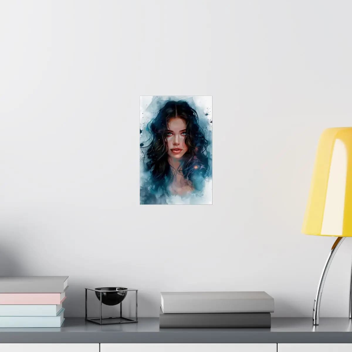 Enchanting Dark-Haired Portrait with Ink Splashes - Matte Vertical Posters mockup angle 8