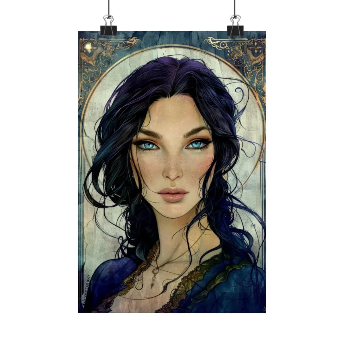 Bewitching Portrait with Blue Eyes and Violet Hair - Matte Vertical Posters mockup angle 1