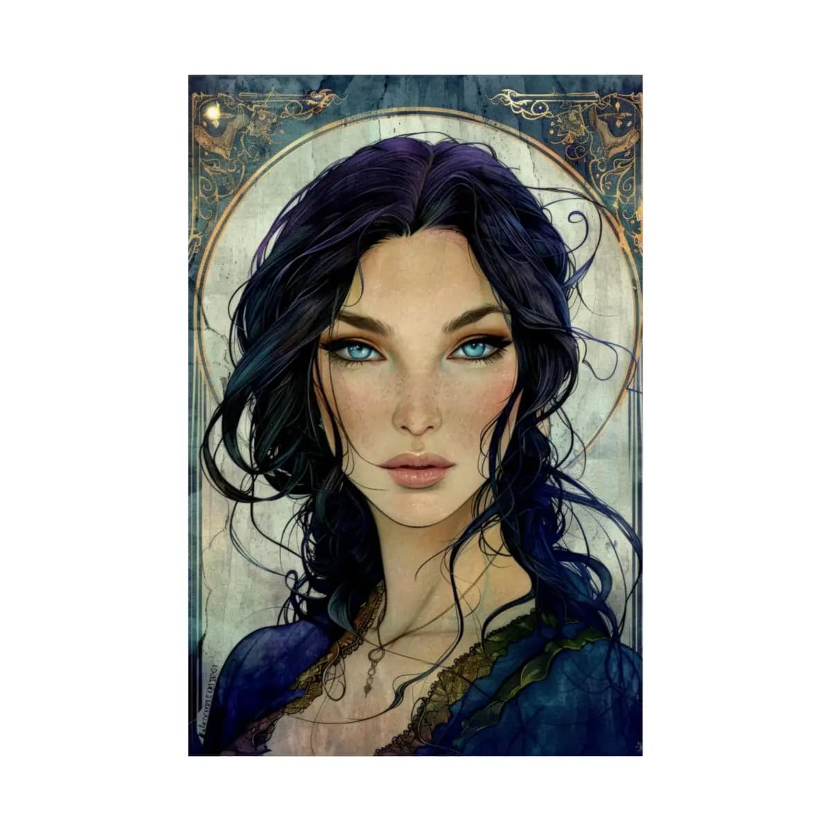 Bewitching Portrait with Blue Eyes and Violet Hair - Matte Vertical Posters mockup angle 2