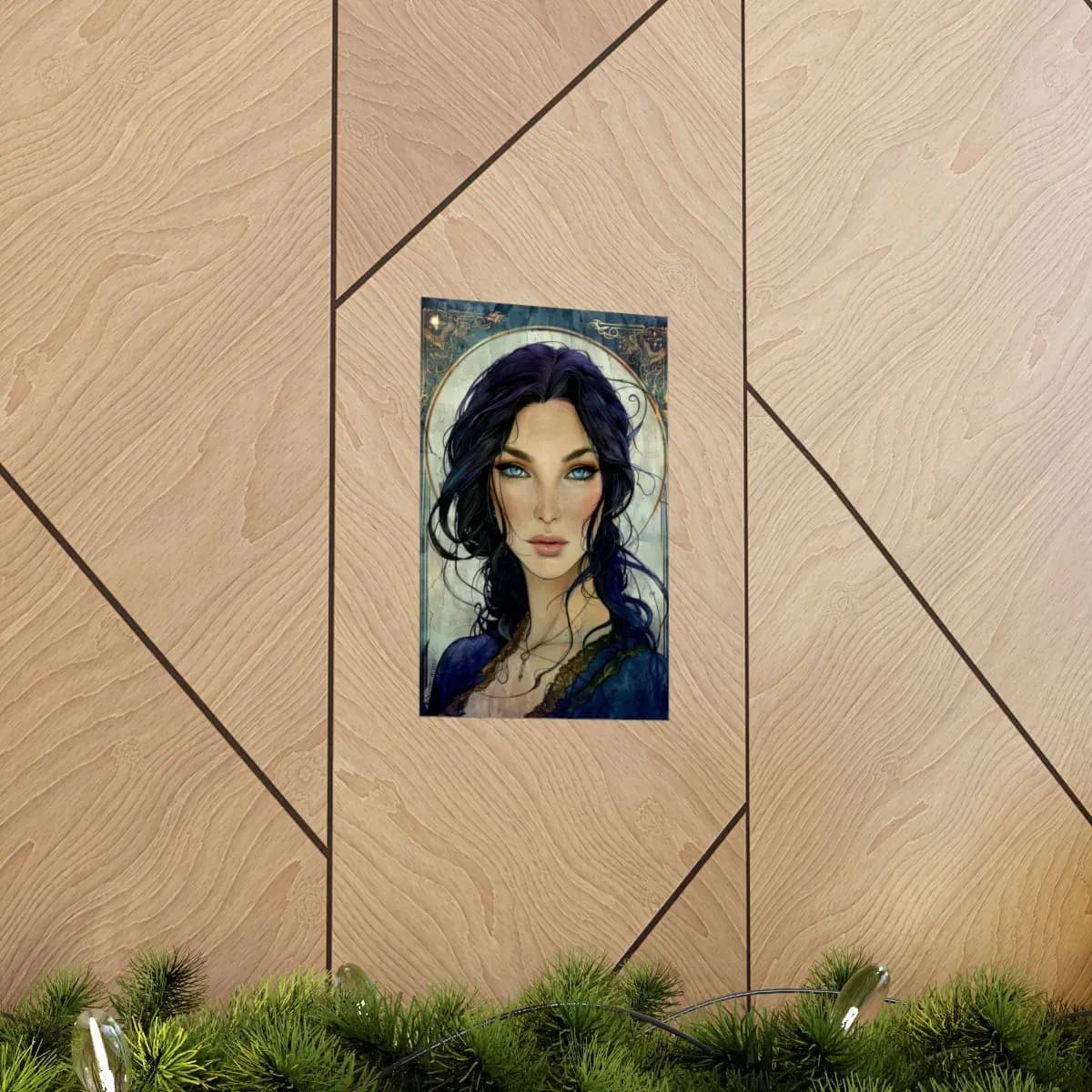Bewitching Portrait with Blue Eyes and Violet Hair - Matte Vertical Posters mockup angle 5