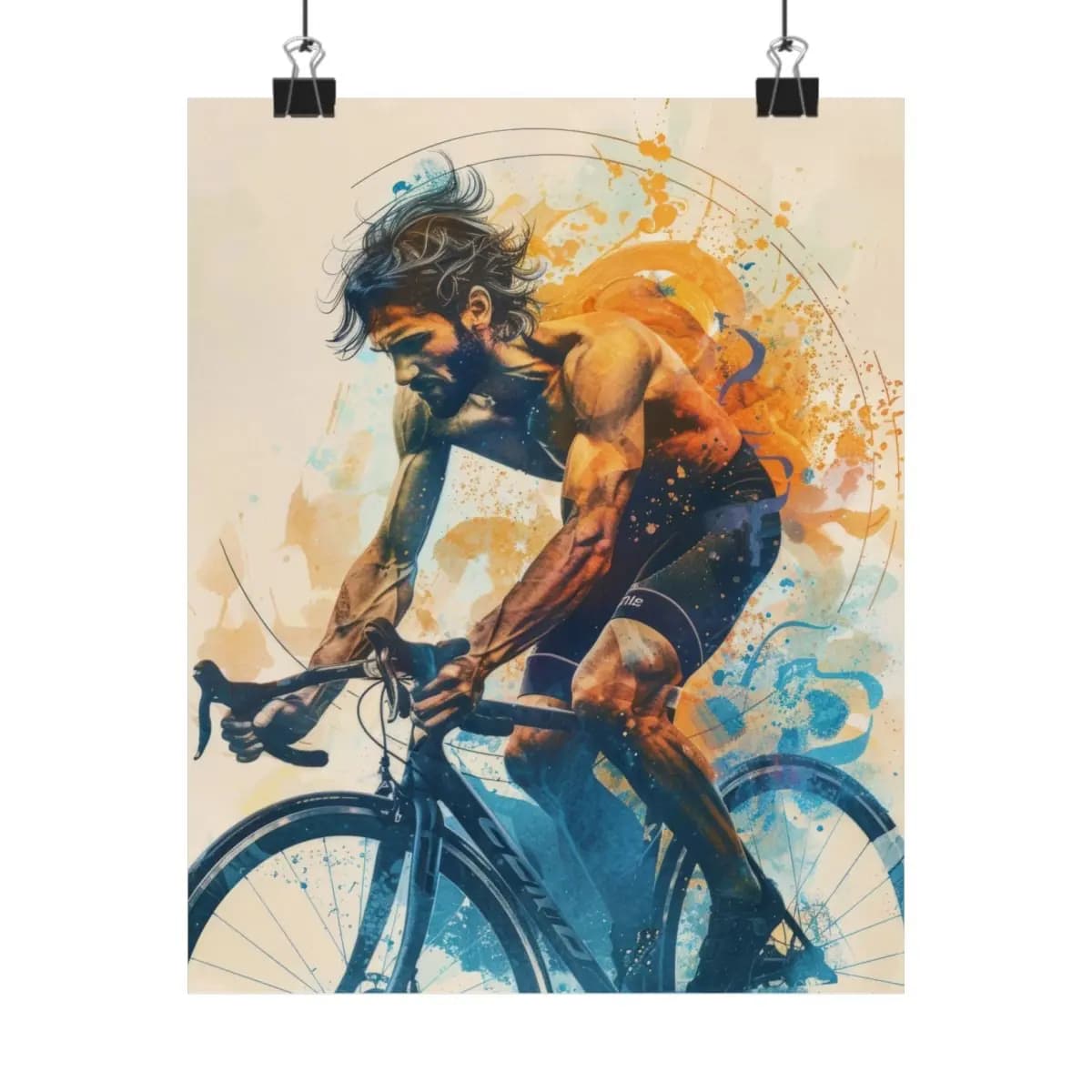 Cyclist in Full Sprint, Bursting with Color - Matte Vertical Posters mockup angle 1