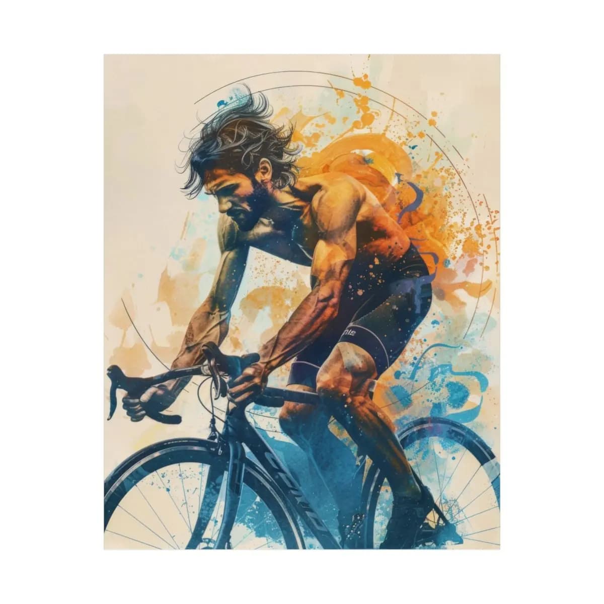 Cyclist in Full Sprint, Bursting with Color - Matte Vertical Posters mockup angle 2