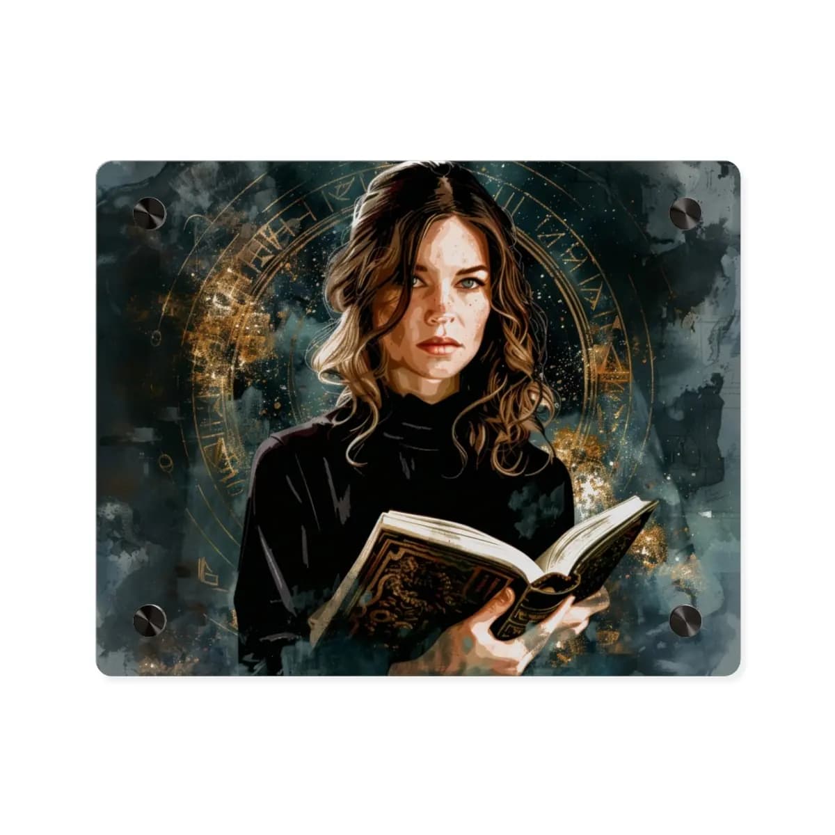 The Keeper of the Golden Rune Grimoire - Acrylic Wall Art Panels mockup angle 1