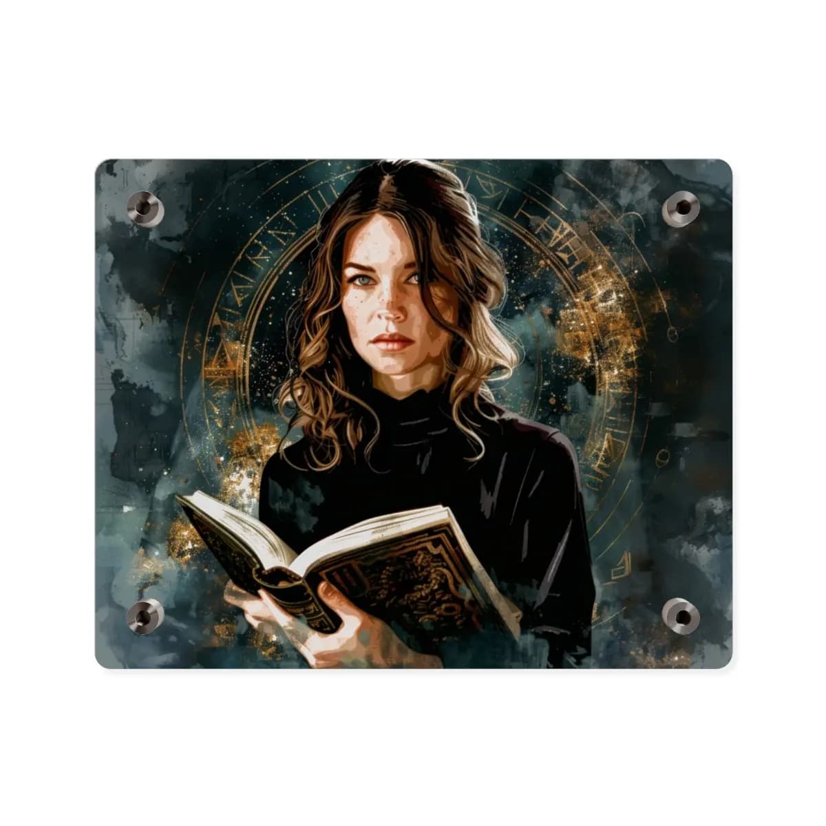 The Keeper of the Golden Rune Grimoire - Acrylic Wall Art Panels mockup angle 2