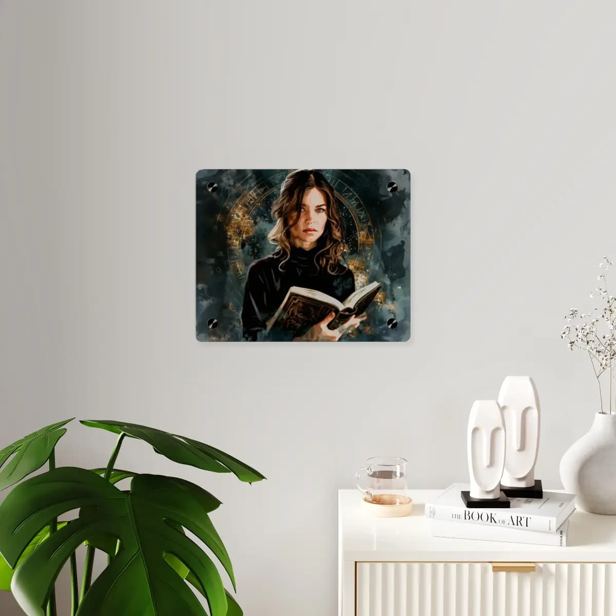 The Keeper of the Golden Rune Grimoire - Acrylic Wall Art Panels mockup angle 3