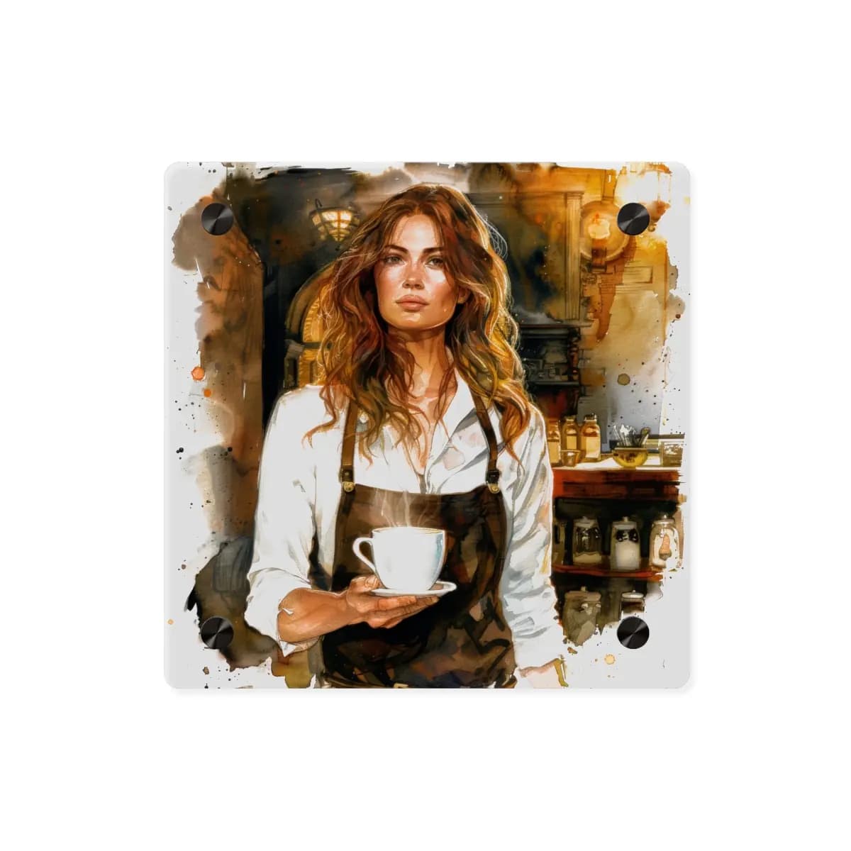 Auburn-Haired Barista in a Warm Vintage Café - Acrylic Wall Art Panels mockup angle 1