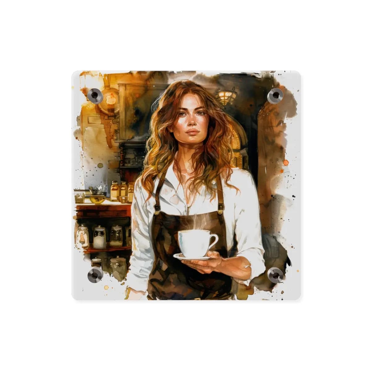 Auburn-Haired Barista in a Warm Vintage Café - Acrylic Wall Art Panels mockup angle 2