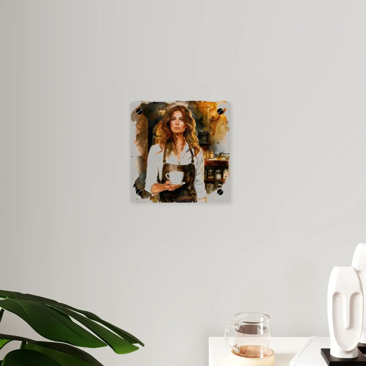 Auburn-Haired Barista in a Warm Vintage Café - Acrylic Wall Art Panels mockup angle 3
