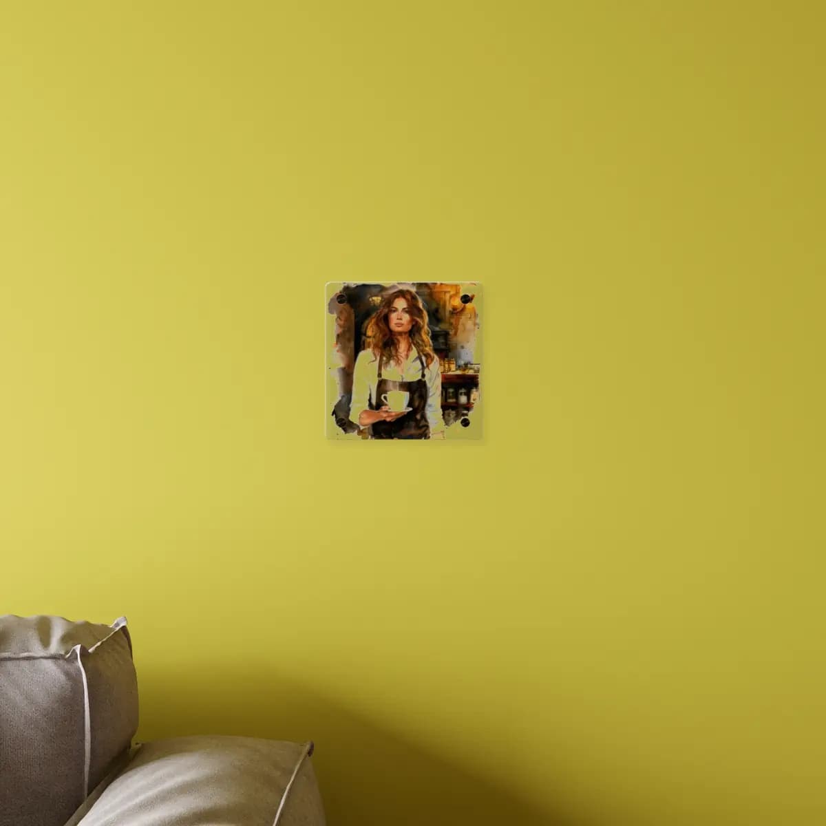 Auburn-Haired Barista in a Warm Vintage Café - Acrylic Wall Art Panels mockup angle 4
