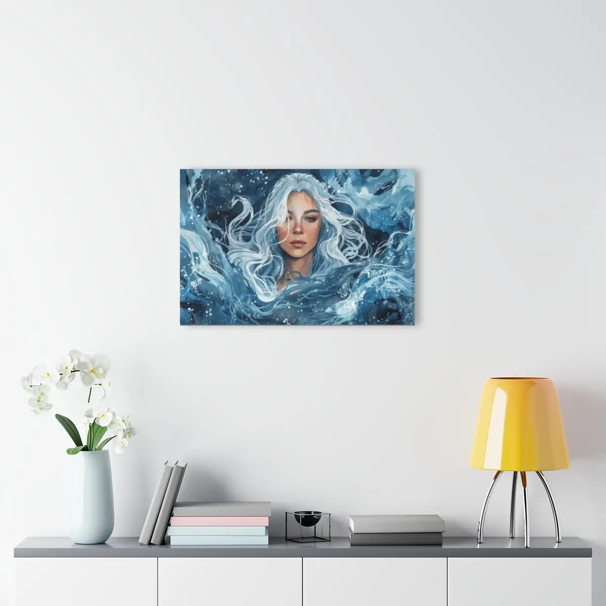White-Haired Water Queen Amid Swirling Waves - Acrylic Prints (French Cleat Hanging) mockup angle 4