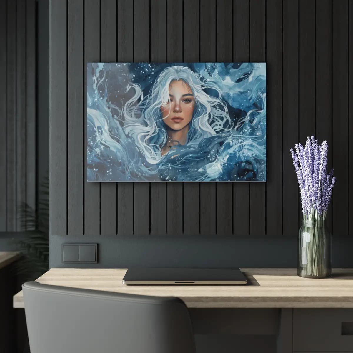 White-Haired Water Queen Amid Swirling Waves - Acrylic Prints (French Cleat Hanging) mockup angle 5