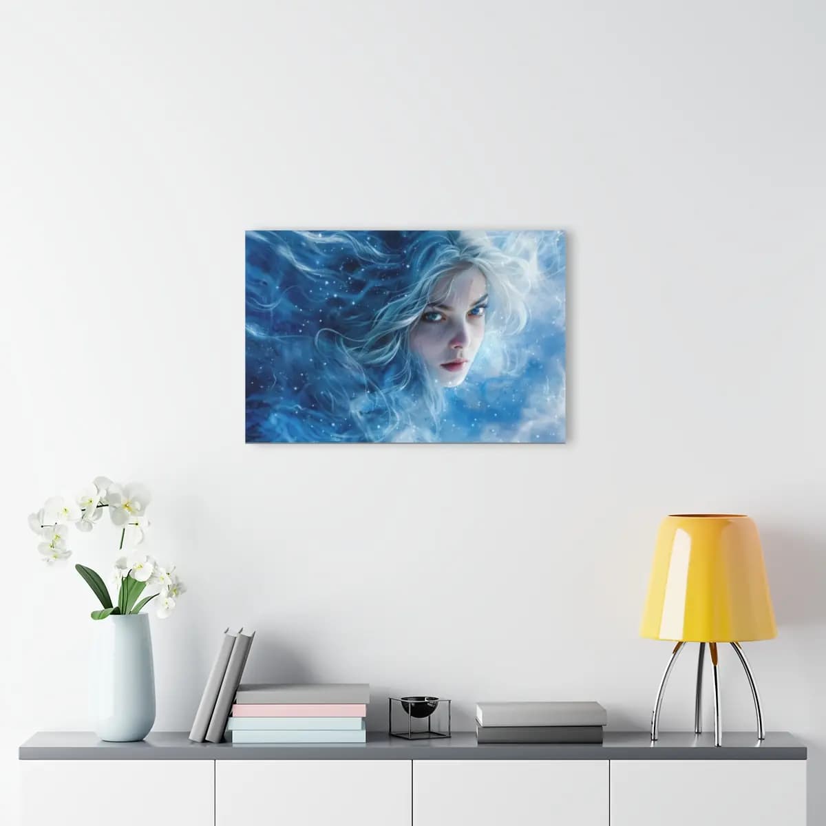 Sapphire-Eyed Ice Goddess Emerging from Frost - Acrylic Prints (French Cleat Hanging) mockup angle 4