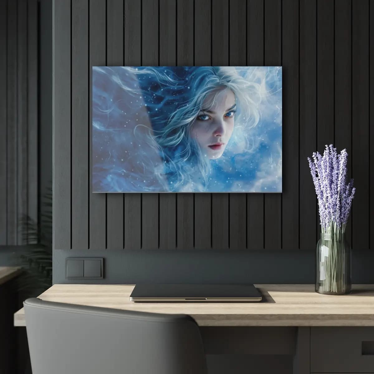 Sapphire-Eyed Ice Goddess Emerging from Frost - Acrylic Prints (French Cleat Hanging) mockup angle 5
