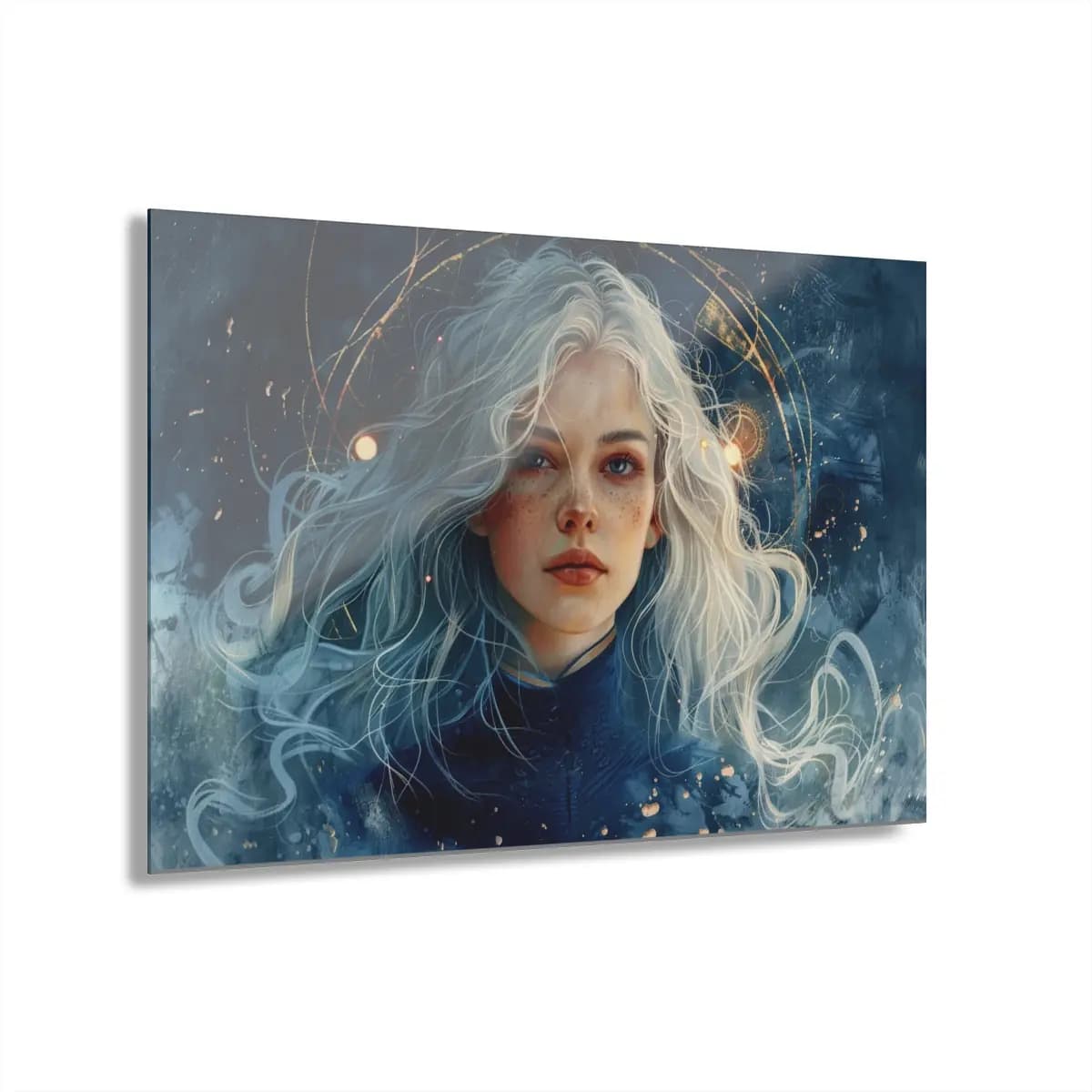 Silver-Haired Young Woman with Golden Orbital Rings - Acrylic Prints (French Cleat Hanging) mockup angle 1