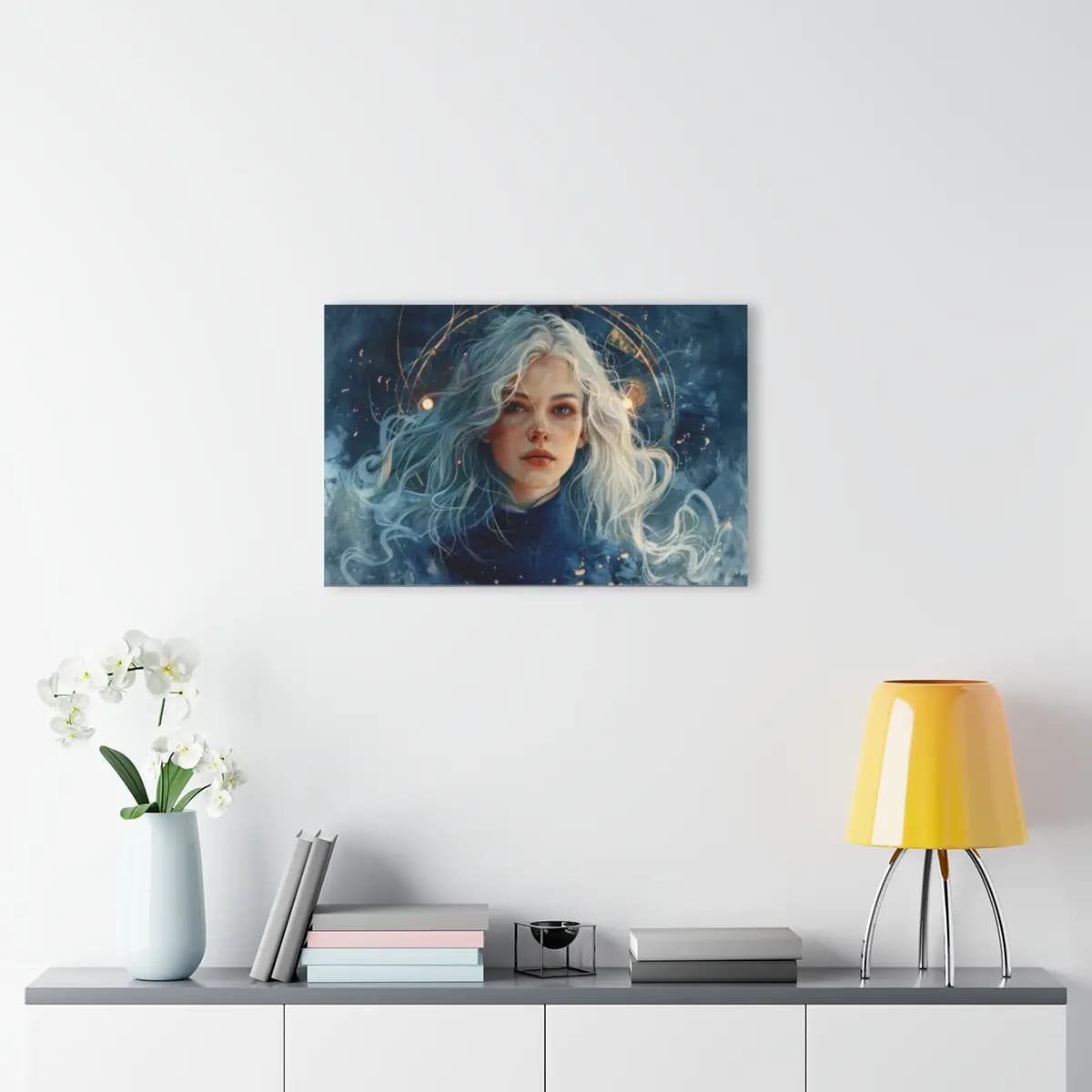 Silver-Haired Young Woman with Golden Orbital Rings - Acrylic Prints (French Cleat Hanging) mockup angle 4