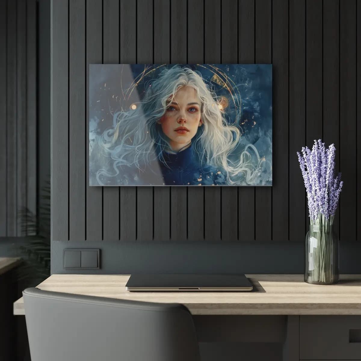 Silver-Haired Young Woman with Golden Orbital Rings - Acrylic Prints (French Cleat Hanging) mockup angle 5
