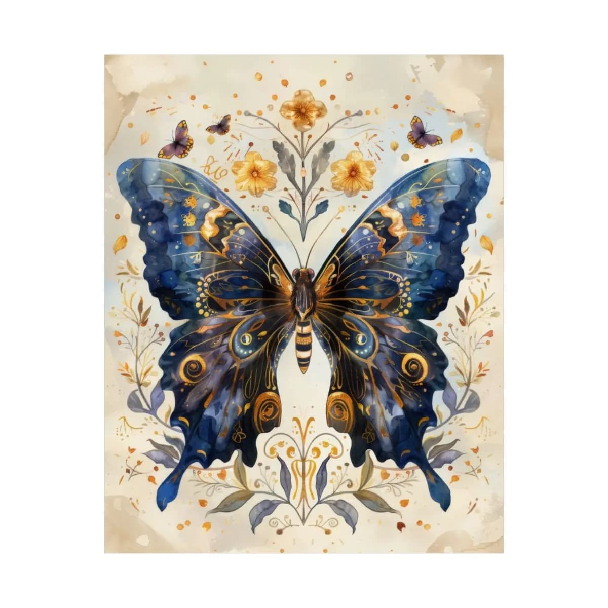 Grand Blue Butterfly with Golden Ornaments - Matte Vertical Posters mockup angle 2