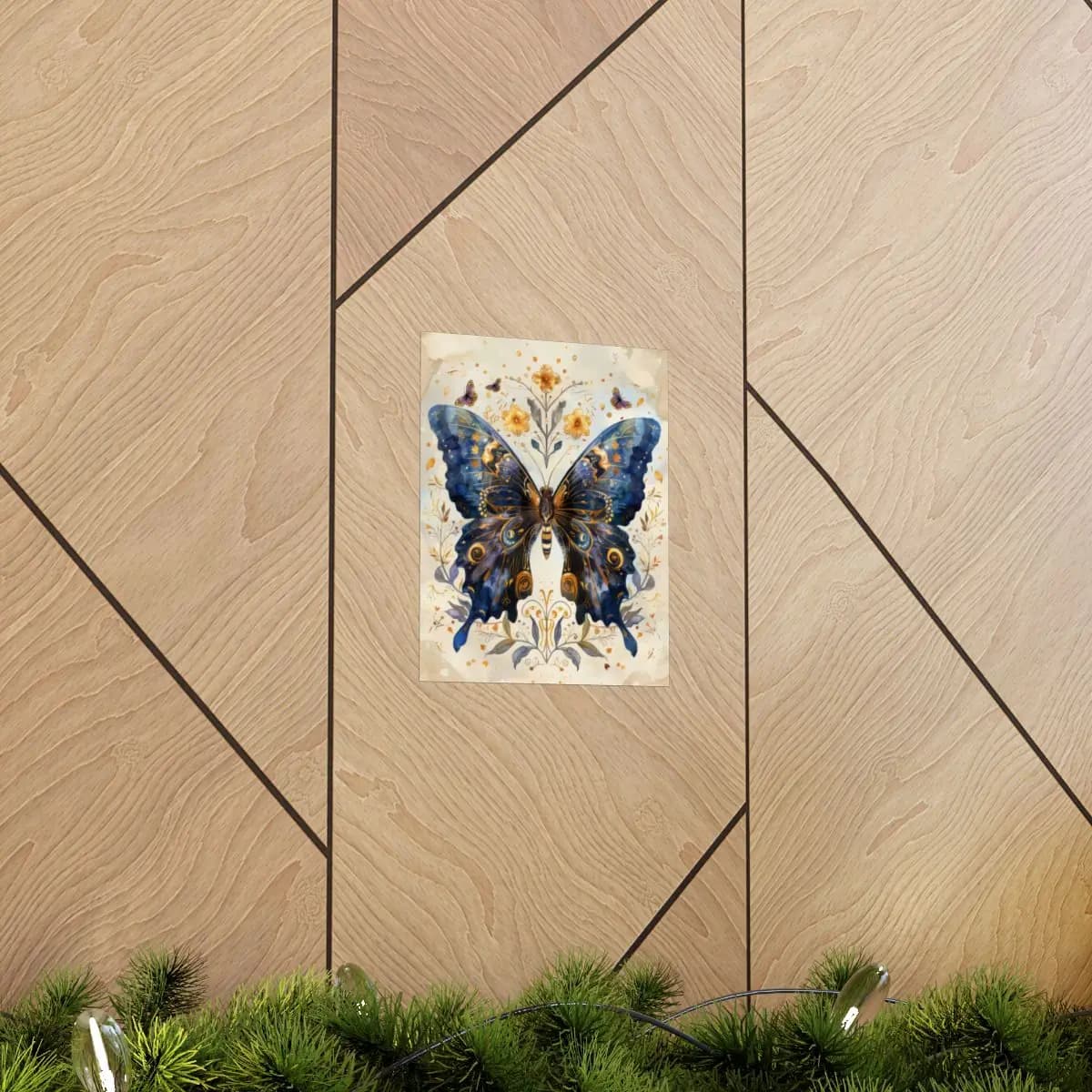 Grand Blue Butterfly with Golden Ornaments - Matte Vertical Posters mockup angle 5