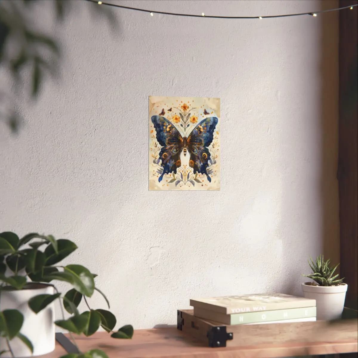 Grand Blue Butterfly with Golden Ornaments - Matte Vertical Posters mockup angle 6