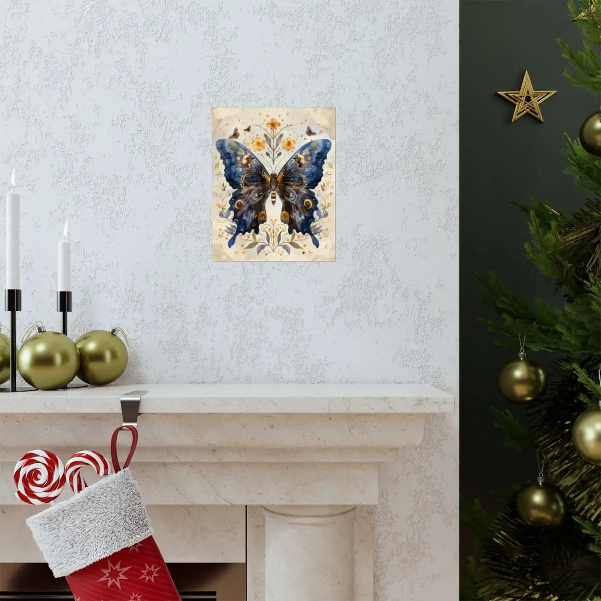 Grand Blue Butterfly with Golden Ornaments - Matte Vertical Posters mockup angle 7