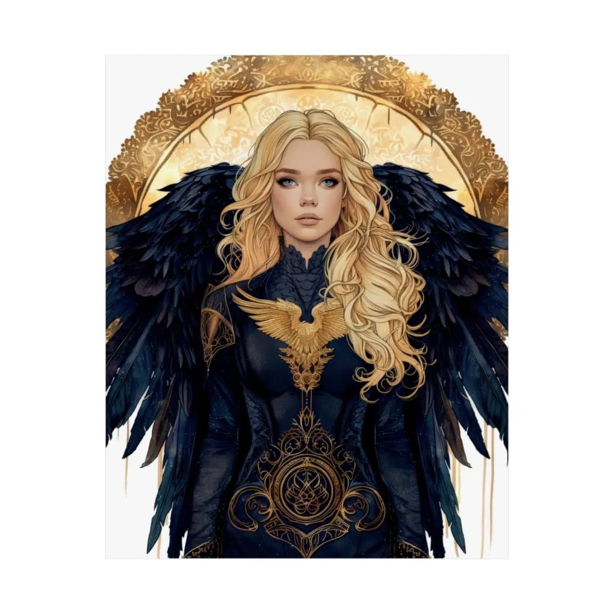 Dark-Winged Golden Angel Warrior - Matte Vertical Posters mockup angle 2