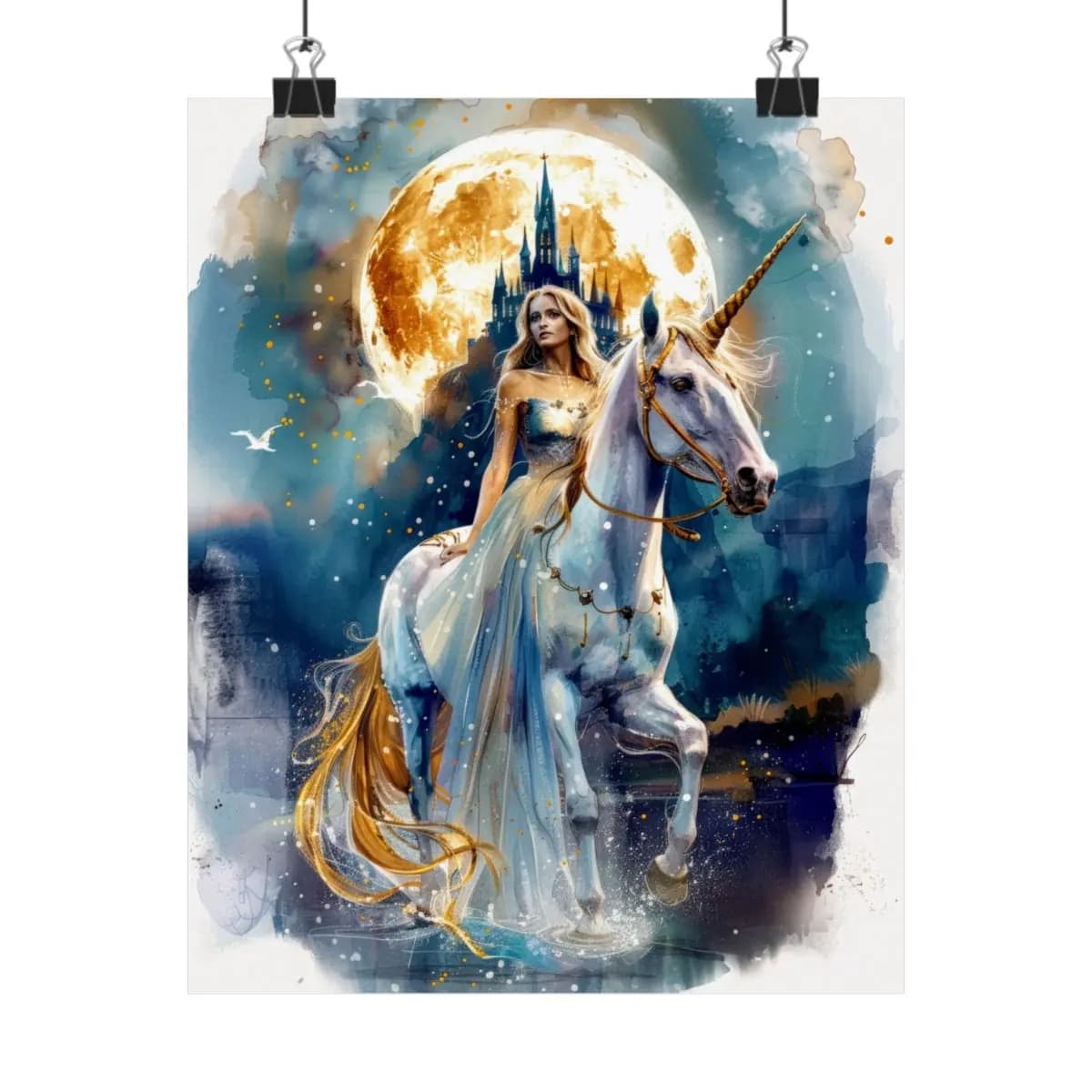 Princess and Unicorn Beneath the Golden Moon - Matte Vertical Posters mockup angle 1