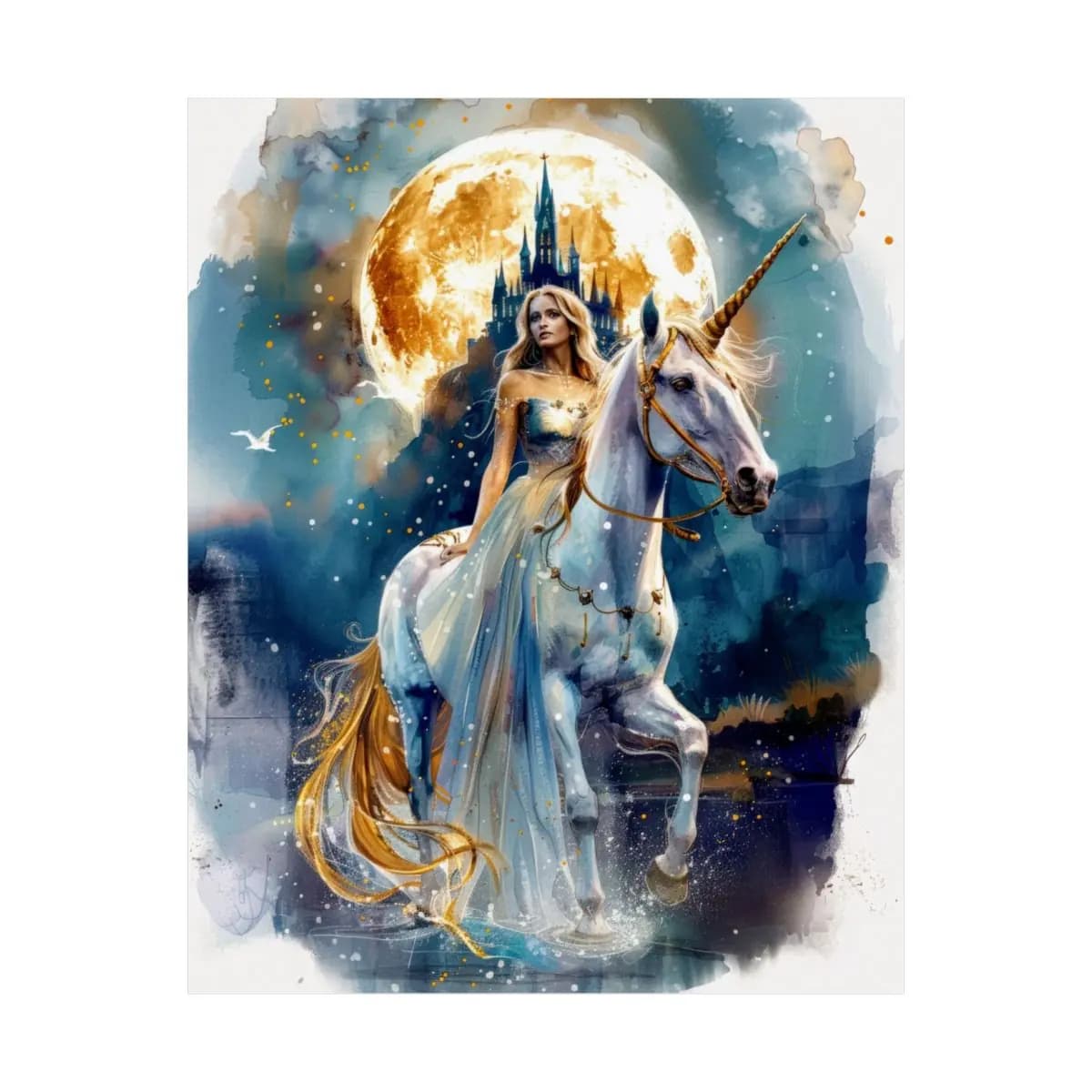 Princess and Unicorn Beneath the Golden Moon - Matte Vertical Posters mockup angle 2