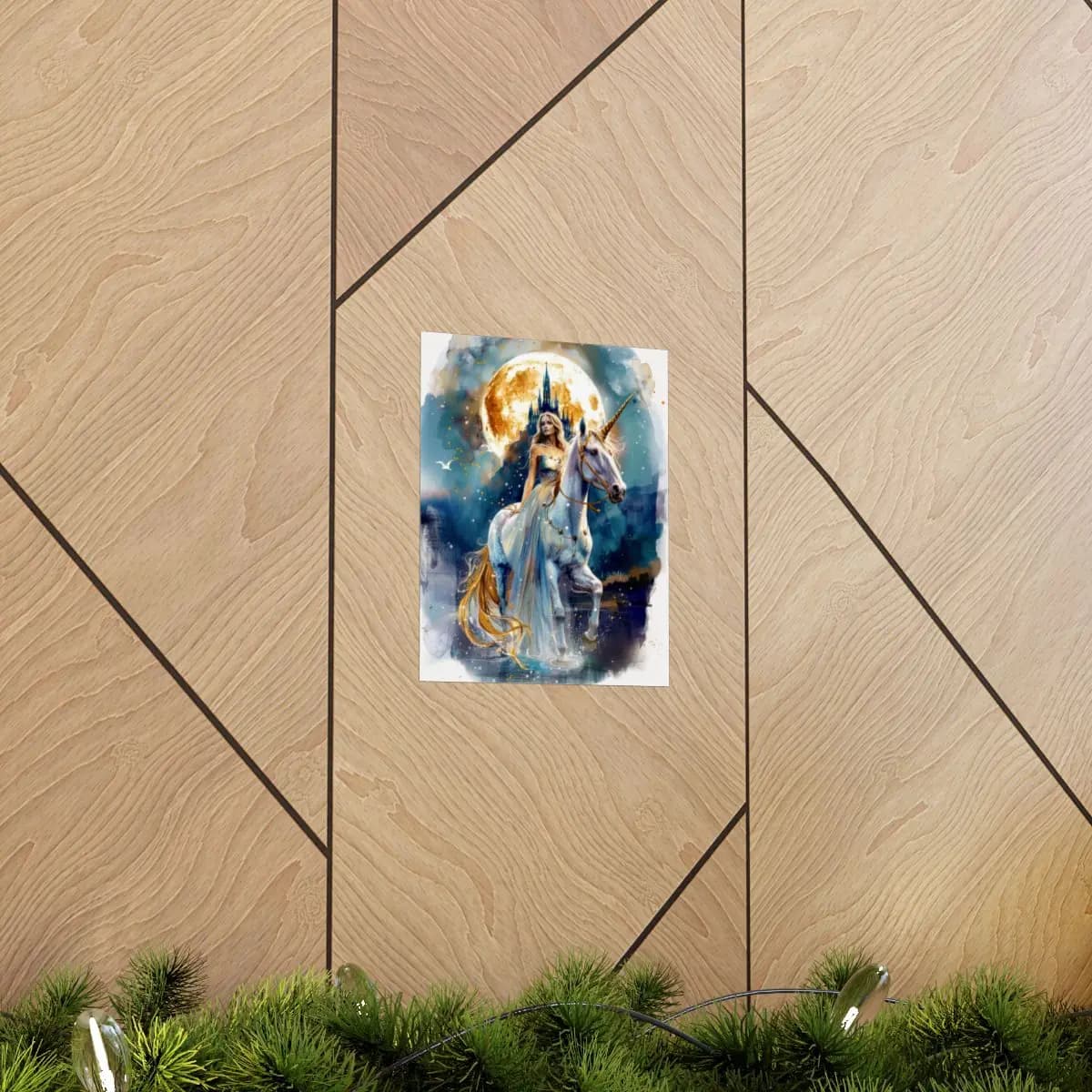 Princess and Unicorn Beneath the Golden Moon - Matte Vertical Posters mockup angle 5