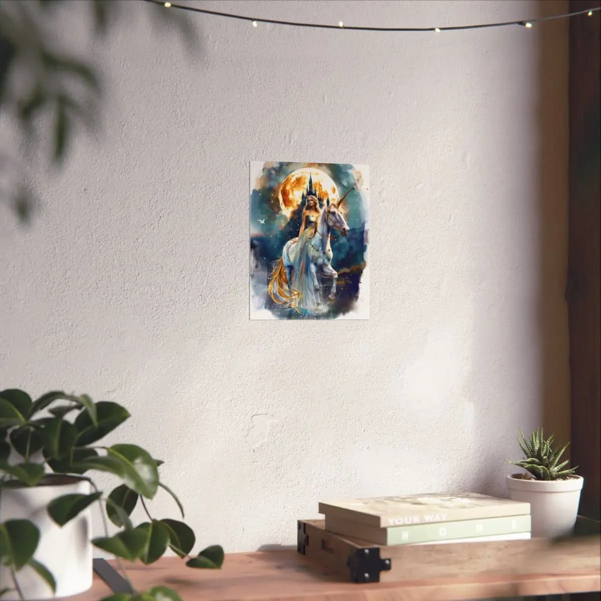 Princess and Unicorn Beneath the Golden Moon - Matte Vertical Posters mockup angle 6