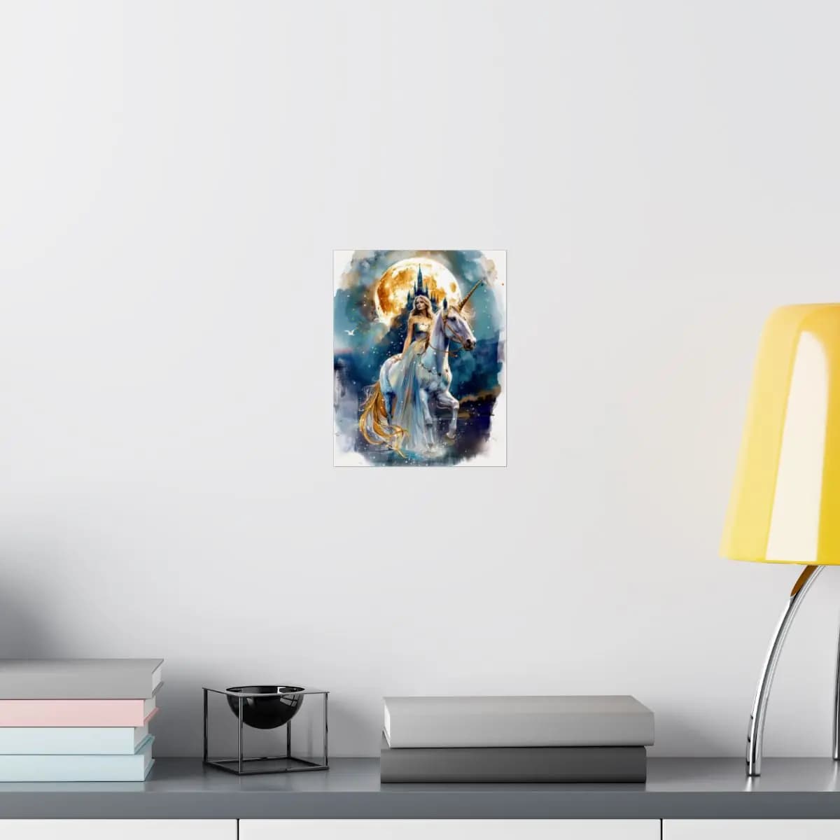 Princess and Unicorn Beneath the Golden Moon - Matte Vertical Posters mockup angle 8