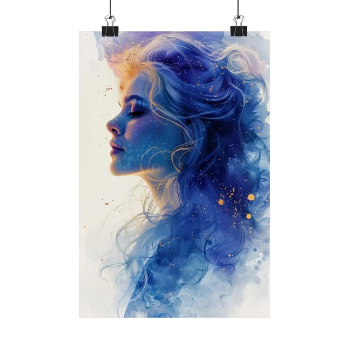 Celestial Blue Profile with Golden Sparks - Matte Vertical Posters mockup angle 1
